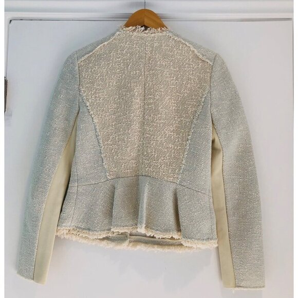 Rebecca Taylor Tweed Jacket Moto Size 6 Frayed Edges Cotton Leather Trim Biker - Picture 4 of 11